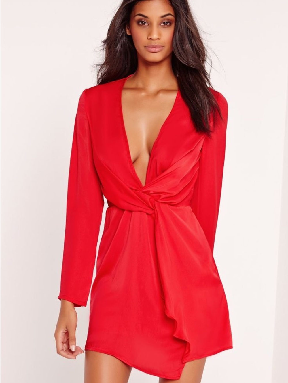 Nasty Gal Missguided Red Long Sleeve Mini Wrap Red Dress
